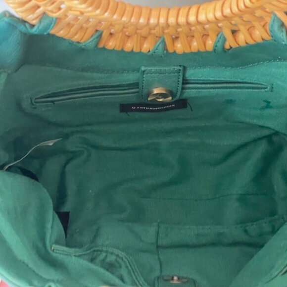 ANTHROPOLOGIE Marianne Green Tote Bag Wicker Handle - Picture 6 of 16